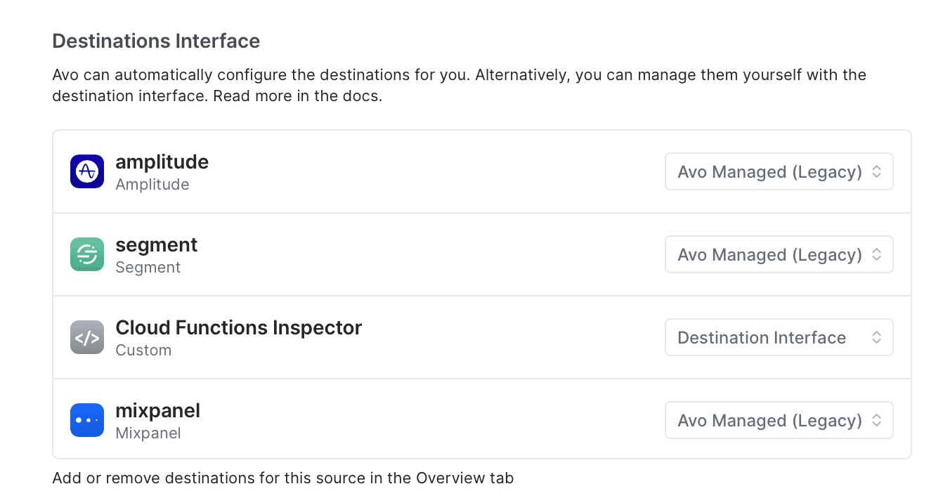 Destinations Interface config in Avo Codegen Setup tab