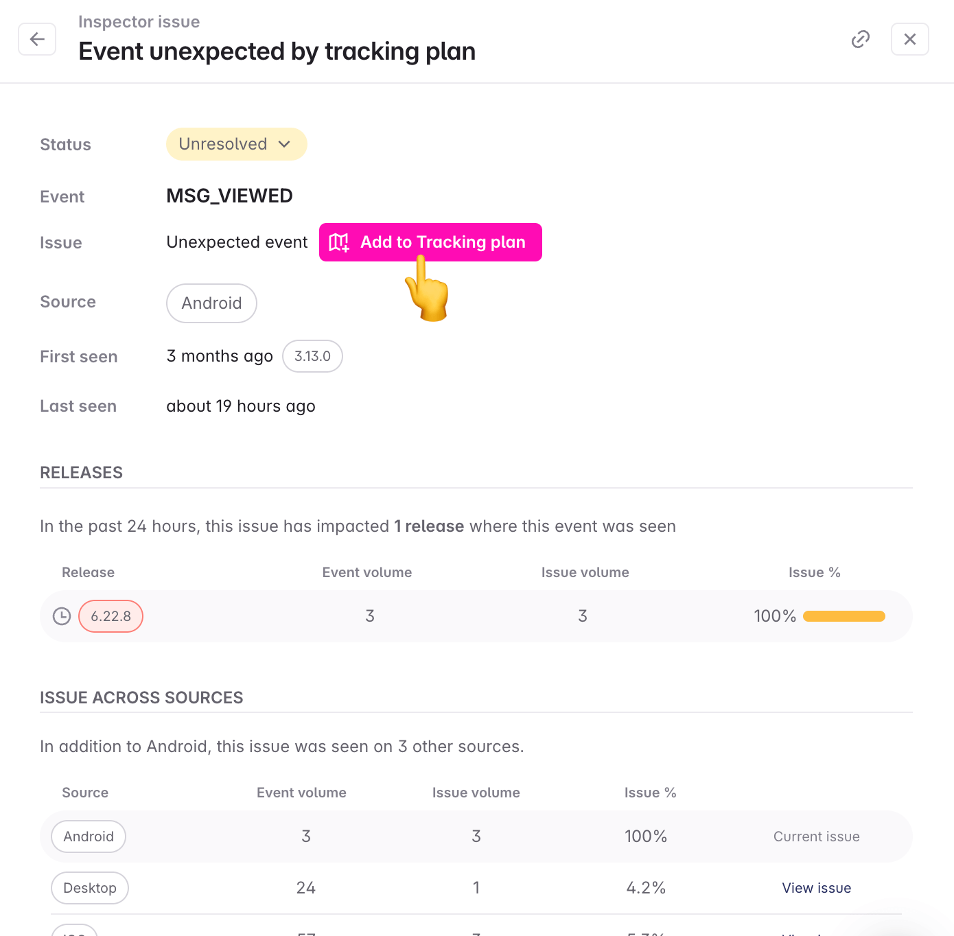 Image shows how to add an event to the tracking plan from the issue details.